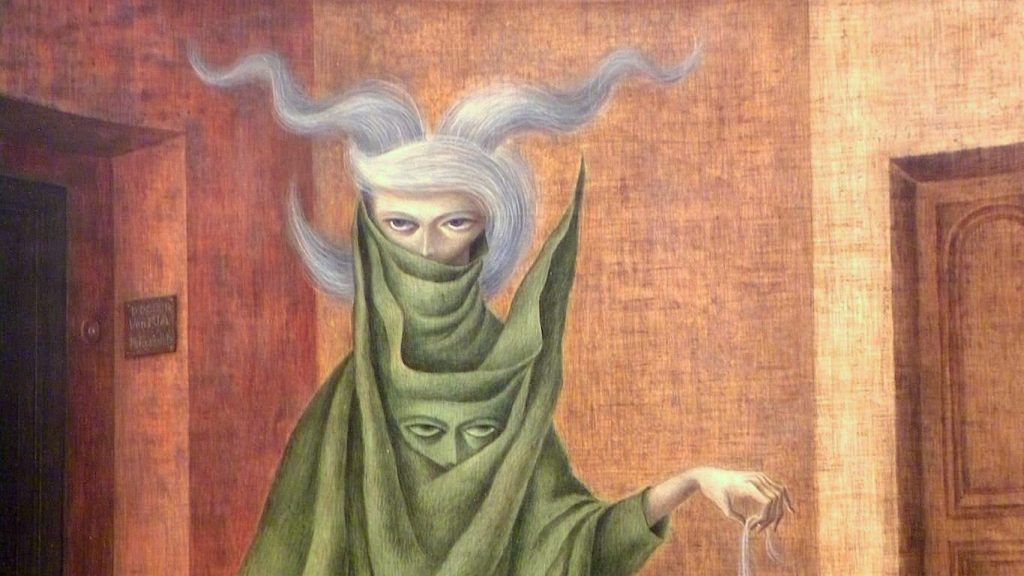 «Dona sortint del psicoanalista» (1960), de Remedios Varo. L'obra d'aquesta artista catalana exiliada a Mèxic es caracteritza per la figuració de caràcter simbòlic i metafòric.